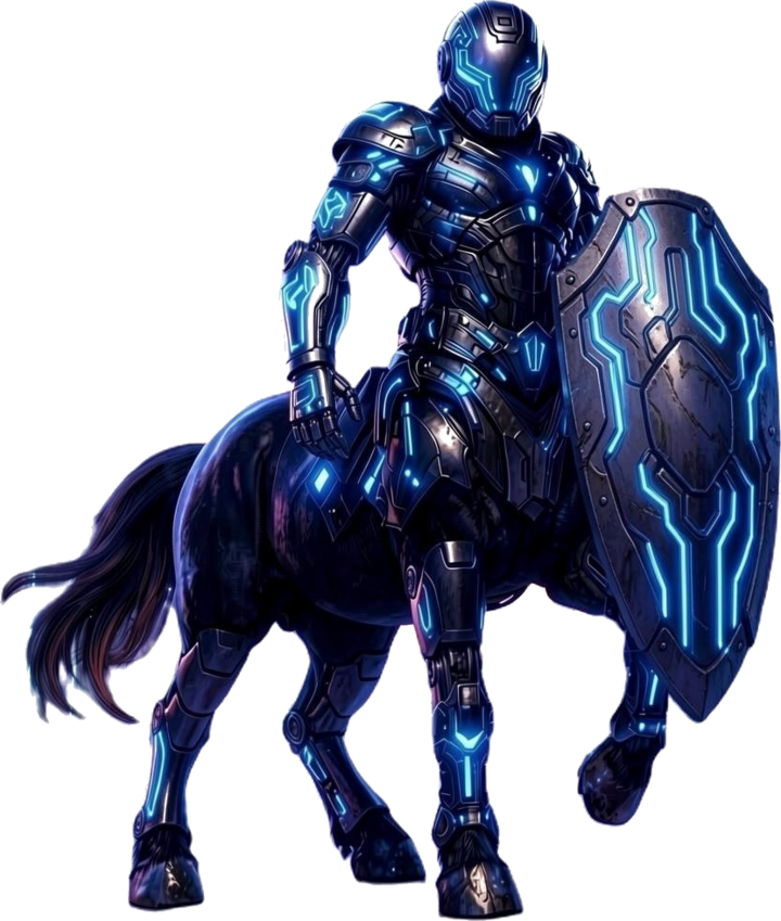 Le BCM Centaur — figure en armure fusionnée à un corps de cheval, parcourue de circuits lumineux